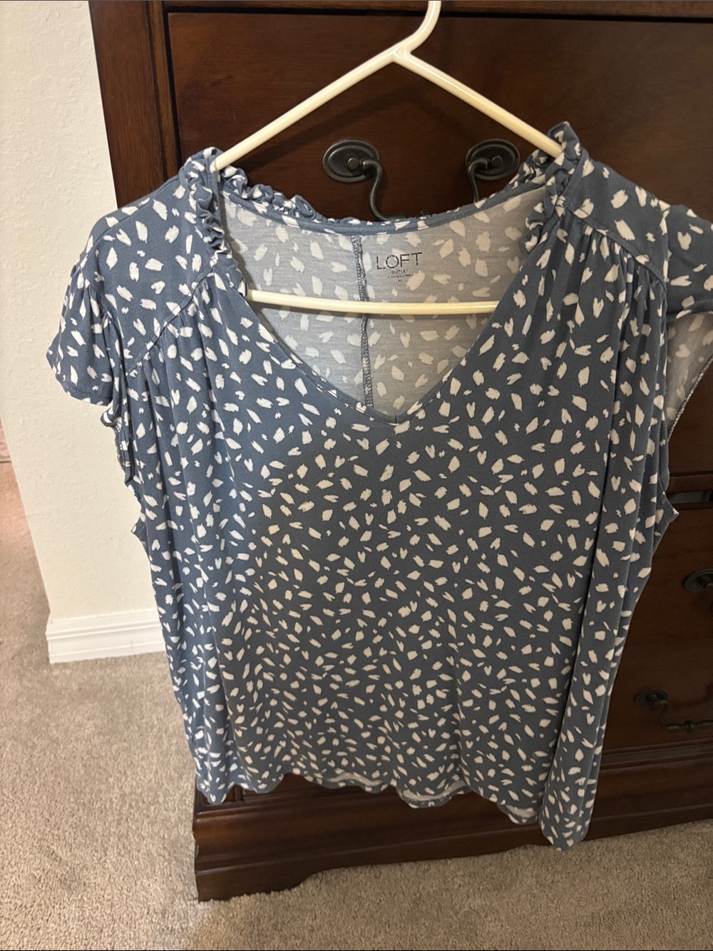 LOFT Blue and White V-Neck Flutter Sleeve Blouse